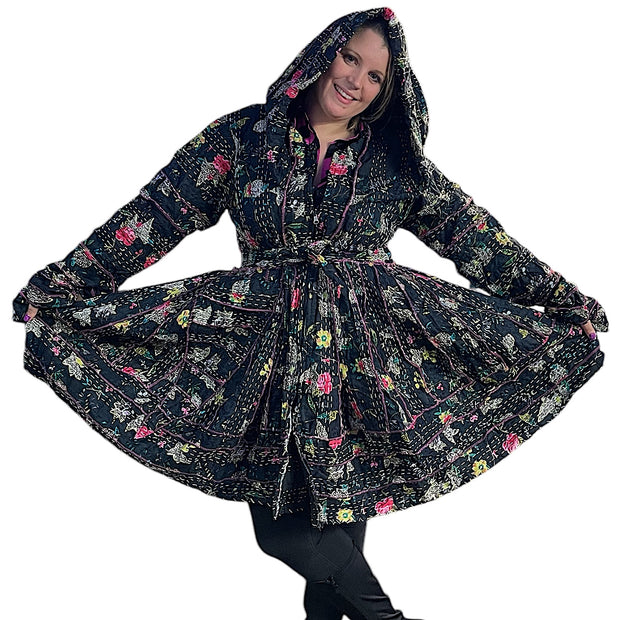 Black Floral Cotton Kantha Pixie / Fairy Pagan Reversable Coat