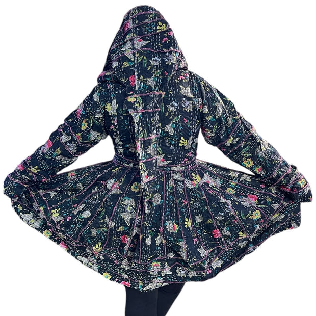 Black Floral Cotton Kantha Pixie / Fairy Pagan Reversable Coat