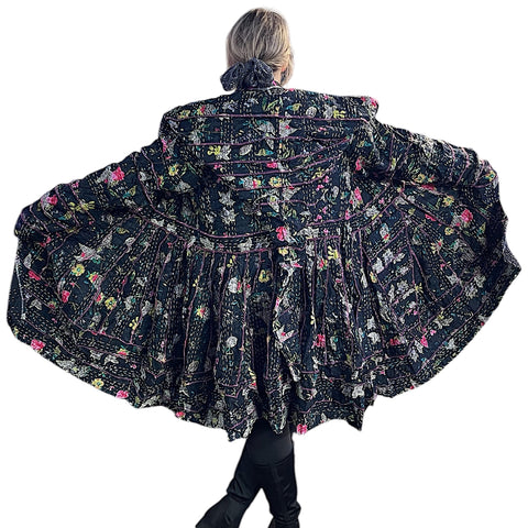 Black Floral Cotton Kantha Pixie / Fairy Pagan Reversable Coat