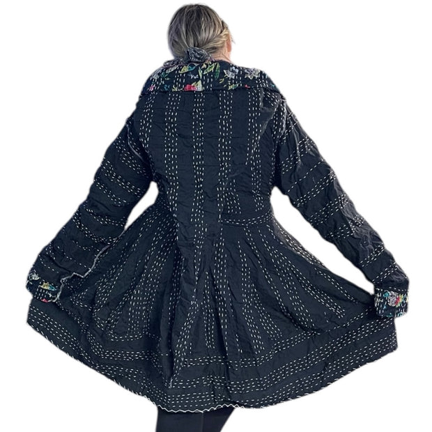 Black Floral Cotton Kantha Pixie / Fairy Pagan Reversable Coat