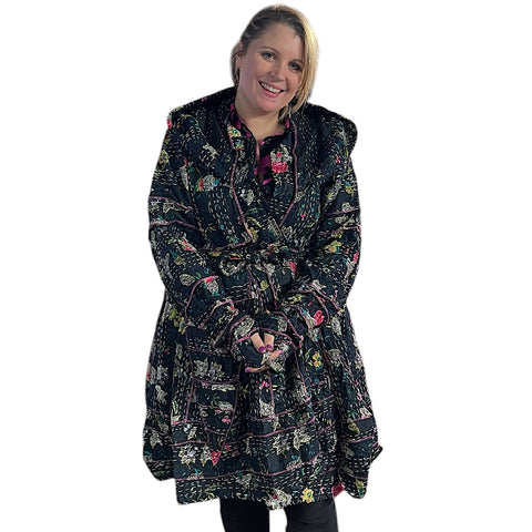 Black Floral Cotton Kantha Pixie / Fairy Pagan Reversable Coat