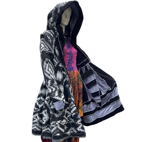 Black & Grey Velvet & Cashmilon Pixie / Fairy Pagan Reversable Katwise Inspired Coat