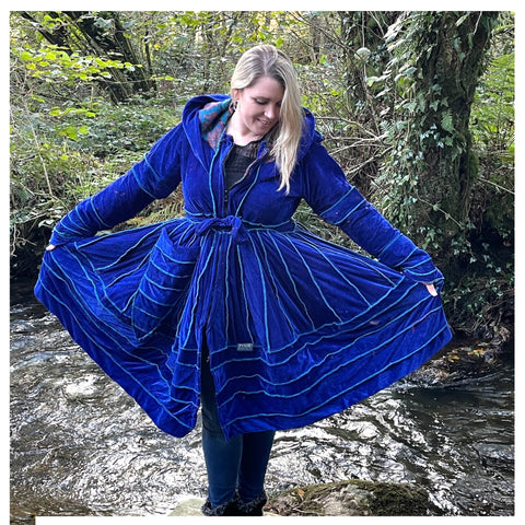 Blue & Turquoise Velvet & Cashmilon Pixie / Fairy Pagan Reversable Katwise Inspired Coat Jacket