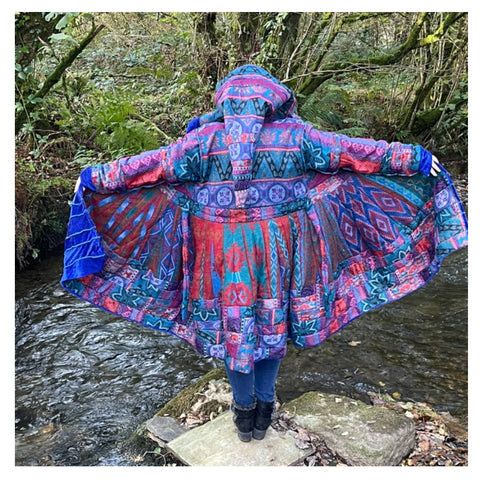 Blue & Turquoise Velvet & Cashmilon Pixie / Fairy Pagan Reversable Katwise Inspired Coat Jacket