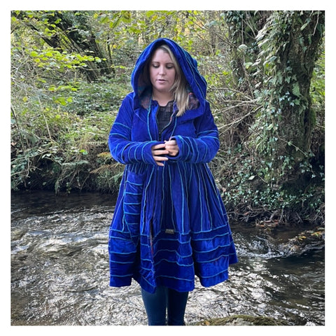 Blue & Turquoise Velvet & Cashmilon Pixie / Fairy Pagan Reversable Katwise Inspired Coat Jacket