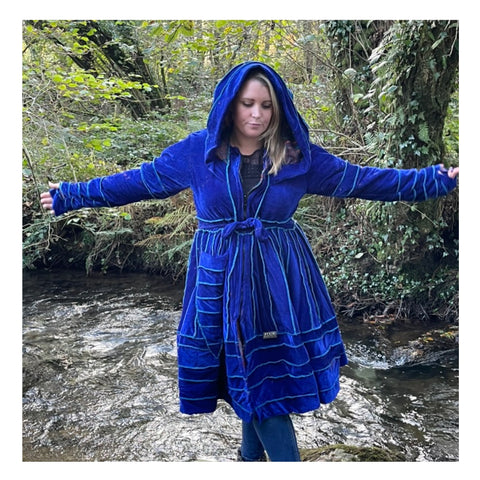 Blue & Turquoise Velvet & Cashmilon Pixie / Fairy Pagan Reversable Katwise Inspired Coat Jacket