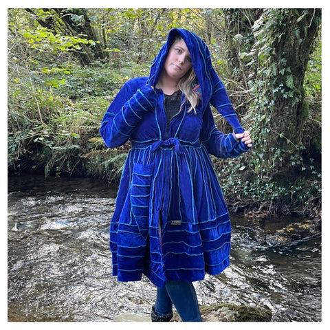 Blue & Turquoise Velvet & Cashmilon Pixie / Fairy Pagan Reversable Katwise Inspired Coat Jacket