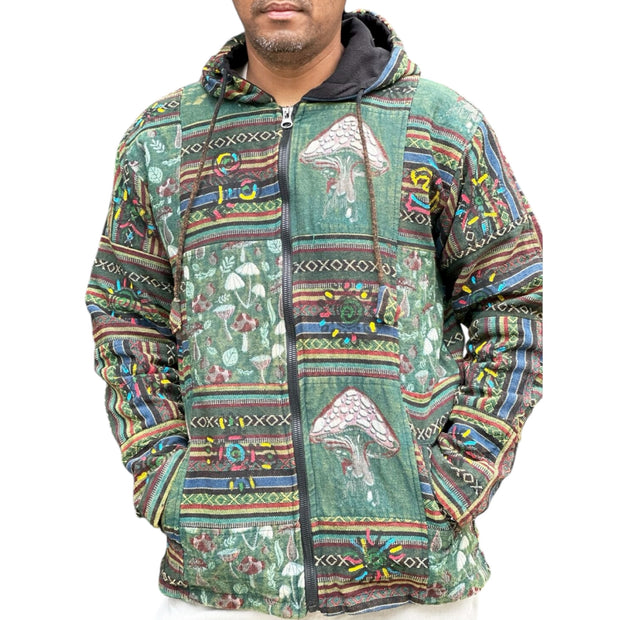 Green UnisexMushroom Patchwork Fleece Lined Jacket
