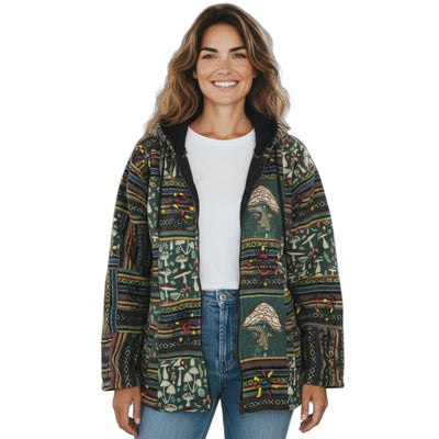 Green UnisexMushroom Patchwork Fleece Lined Jacket