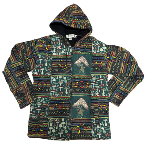 Green UnisexMushroom Patchwork Fleece Lined Jacket