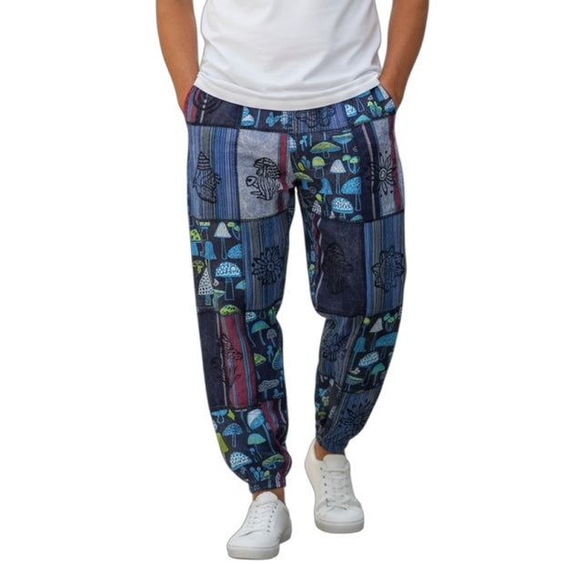 Blue Unisex Patchwork Mushroom Trousers