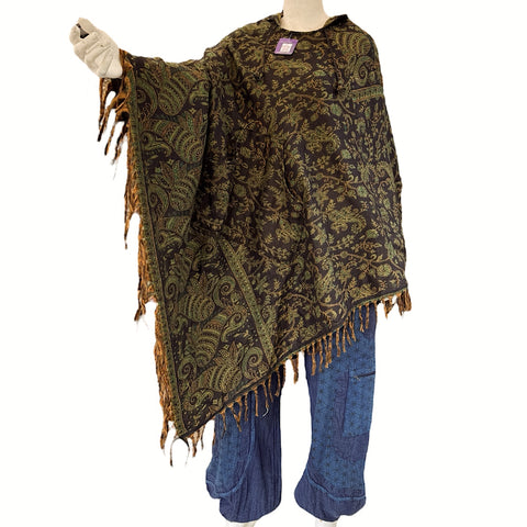 Hooded Green & Black Cashmilon Poncho