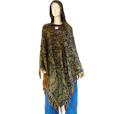 Hooded Green & Black Cashmilon Poncho