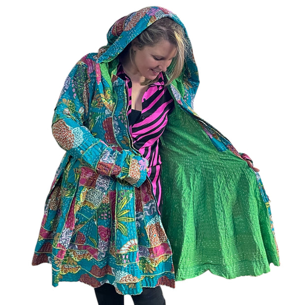 Gorgeous Green Floral Cotton Kantha Pixie / Fairy Pagan Reversable Coat