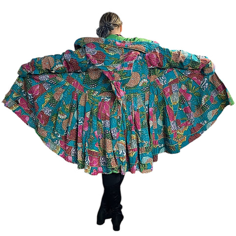 Gorgeous Green Floral Cotton Kantha Pixie / Fairy Pagan Reversable Coat