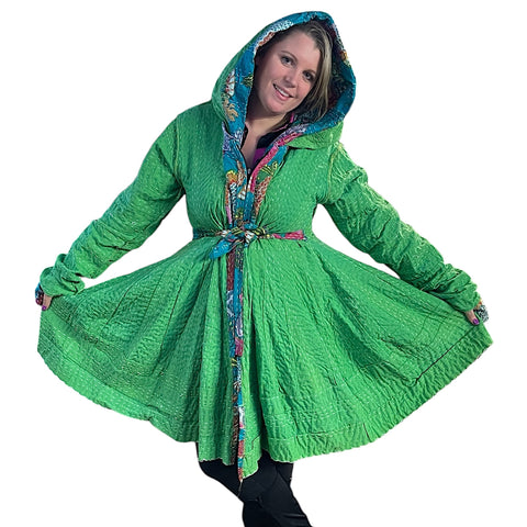 Gorgeous Green Floral Cotton Kantha Pixie / Fairy Pagan Reversable Coat