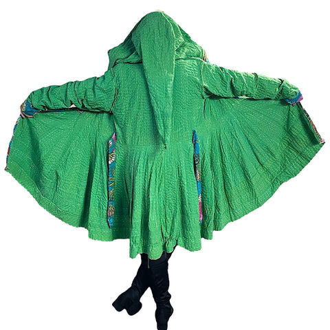 Gorgeous Green Floral Cotton Kantha Pixie / Fairy Pagan Reversable Coat