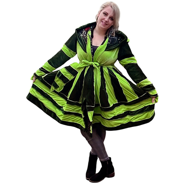 Dark Green & Lime Velvet / Black, Red, Green and Orange Cashmilon Pixie / Fairy Pagan Reversable Coat