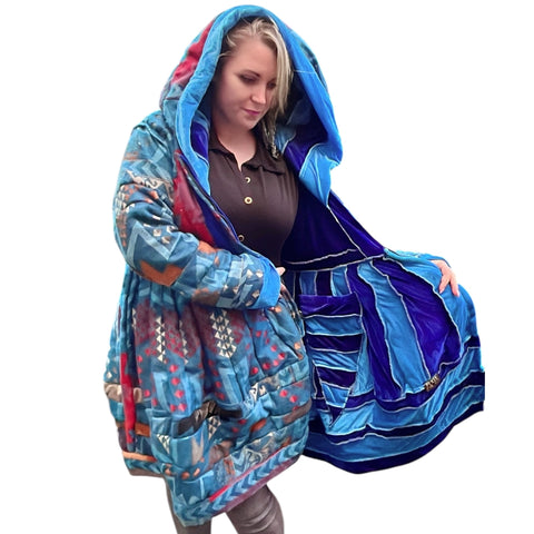 Royal Blue & Vivid Blue Velvet / Blue, Turquoise & Red Cashmilon Pixie / Fairy Pagan Reversable Coat