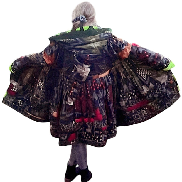 Dark Green & Lime Velvet / Black, Red, Green and Orange Cashmilon Pixie / Fairy Pagan Reversable Coat