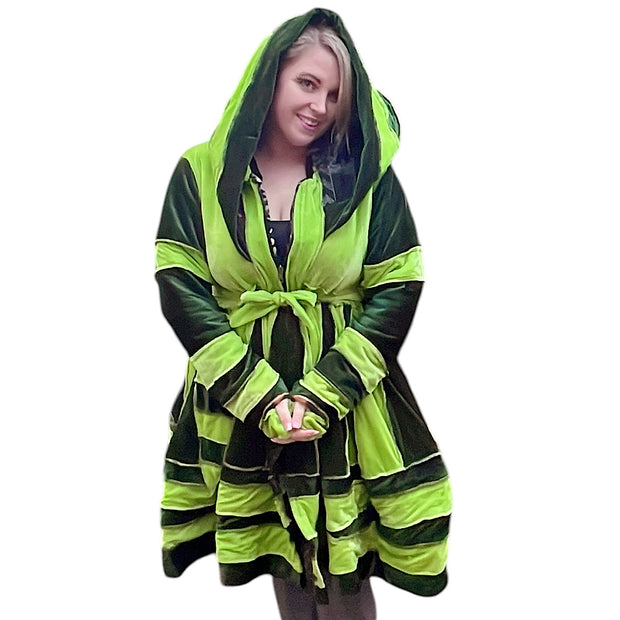 Dark Green & Lime Velvet / Black, Red, Green and Orange Cashmilon Pixie / Fairy Pagan Reversable Coat