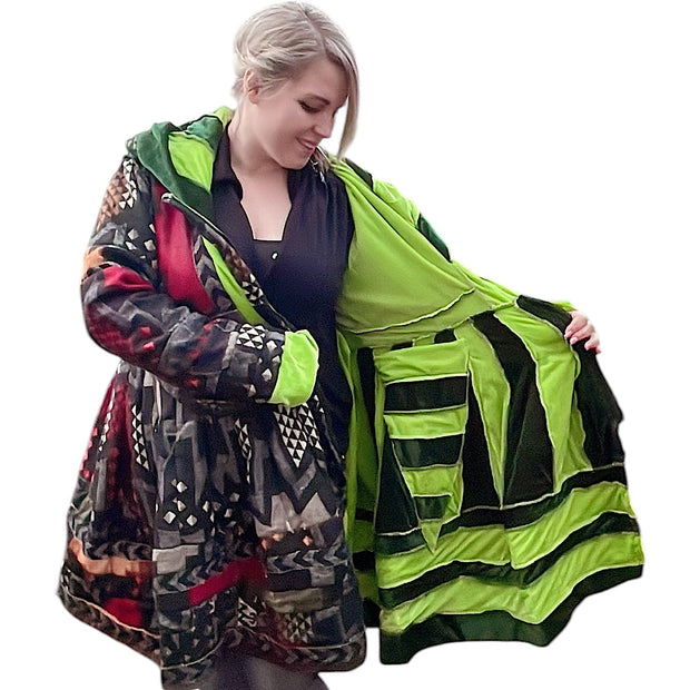 Dark Green & Lime Velvet / Black, Red, Green and Orange Cashmilon Pixie / Fairy Pagan Reversable Coat