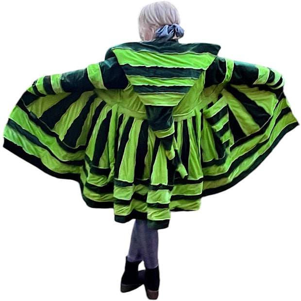 Dark Green & Lime Velvet / Black, Red, Green and Orange Cashmilon Pixie / Fairy Pagan Reversable Coat