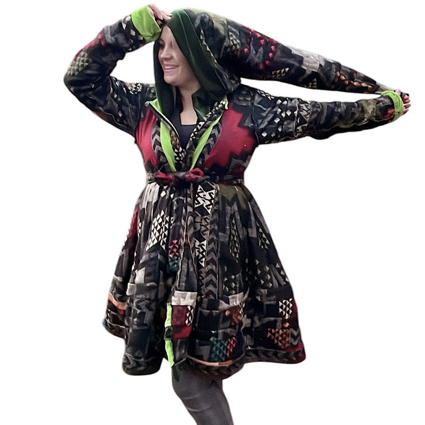 Dark Green & Lime Velvet / Black, Red, Green and Orange Cashmilon Pixie / Fairy Pagan Reversable Coat