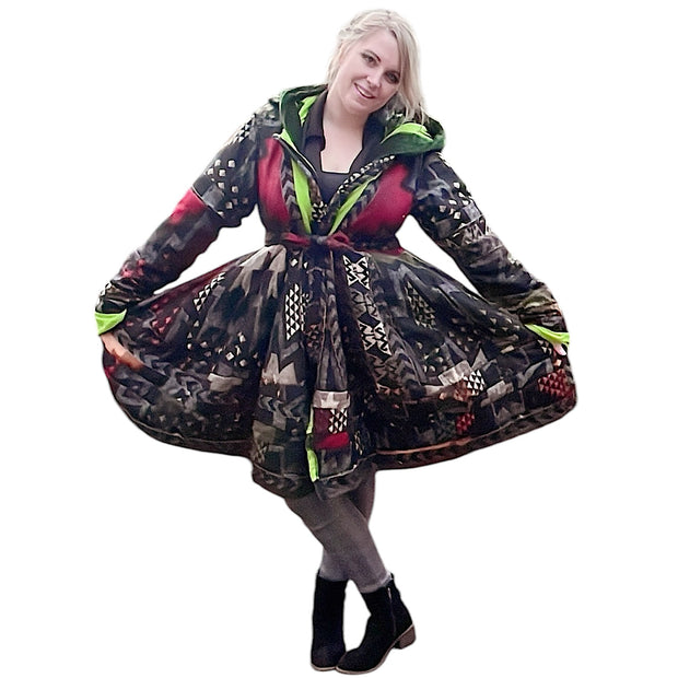 Dark Green & Lime Velvet / Black, Red, Green and Orange Cashmilon Pixie / Fairy Pagan Reversable Coat