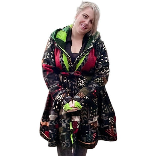 Dark Green & Lime Velvet / Black, Red, Green and Orange Cashmilon Pixie / Fairy Pagan Reversable Coat