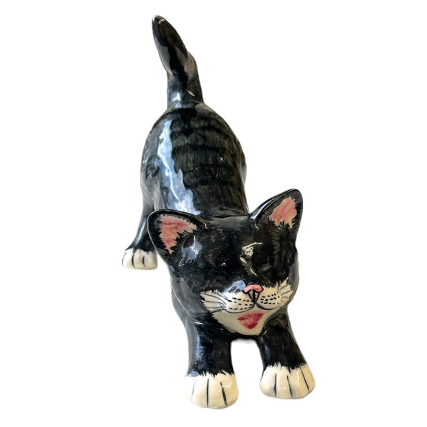 Hand Crafted Ceramic Large Cat Stretching