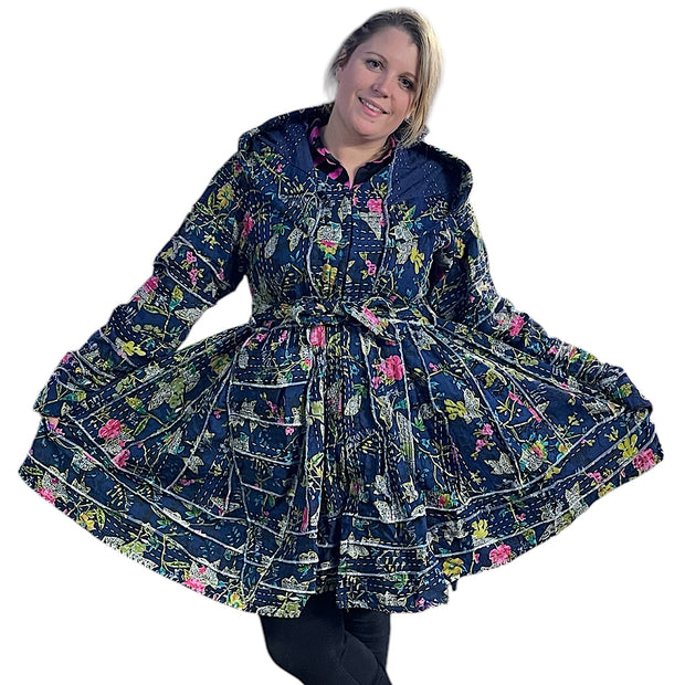 Navy Blue Floral Cotton Kantha Pixie / Fairy Pagan Reversable Coat