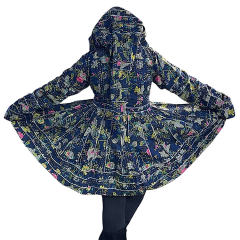 Navy Blue Floral Cotton Kantha Pixie / Fairy Pagan Reversable Coat