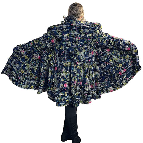 Navy Blue Floral Cotton Kantha Pixie / Fairy Pagan Reversable Coat