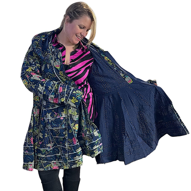 Navy Blue Floral Cotton Kantha Pixie / Fairy Pagan Reversable Coat