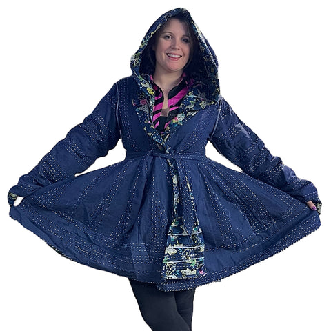 Navy Blue Floral Cotton Kantha Pixie / Fairy Pagan Reversable Coat