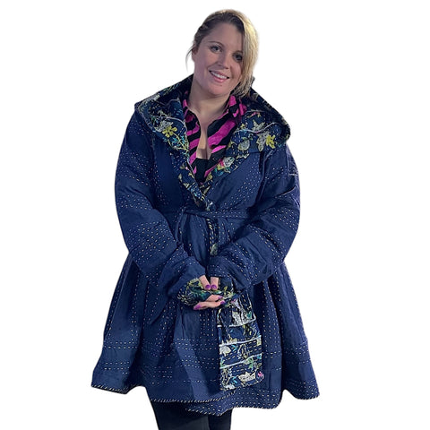 Navy Blue Floral Cotton Kantha Pixie / Fairy Pagan Reversable Coat