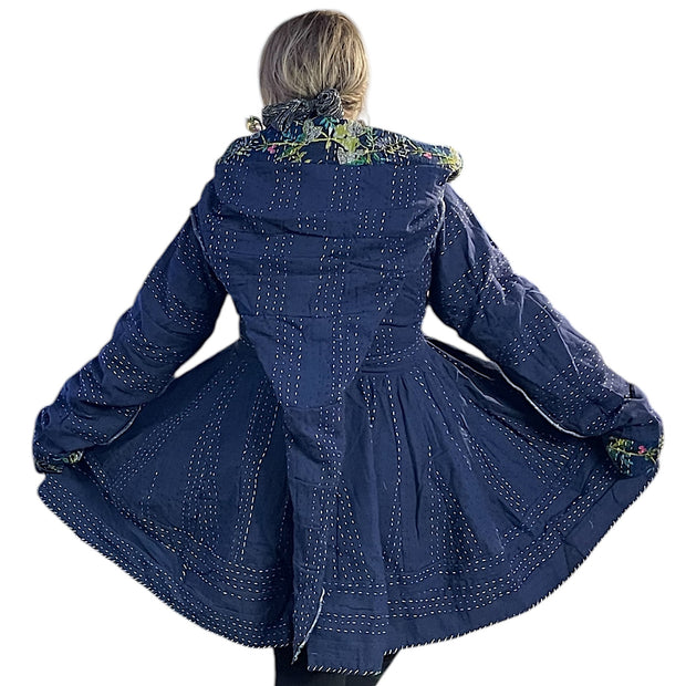 Navy Blue Floral Cotton Kantha Pixie / Fairy Pagan Reversable Coat