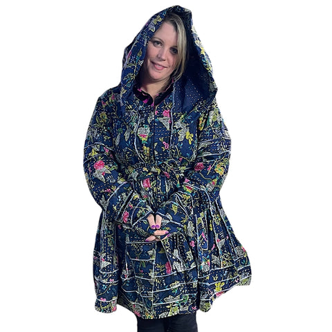 Navy Blue Floral Cotton Kantha Pixie / Fairy Pagan Reversable Coat