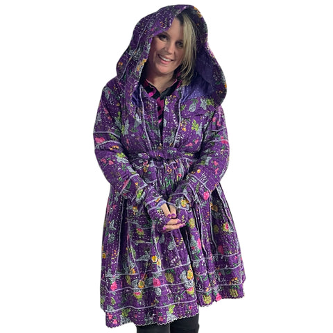 Pretty Purple Floral Cotton Kantha Pixie / Fairy Pagan Reversable Coat