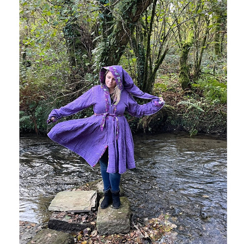 Purple Floral Cotton Kantha Pixie / Fairy Pagan Reversable Coat