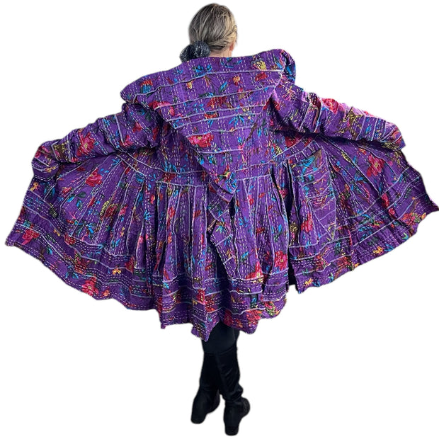 Beautiful Purple Floral Cotton Kantha Pixie / Fairy Pagan Reversable Coat