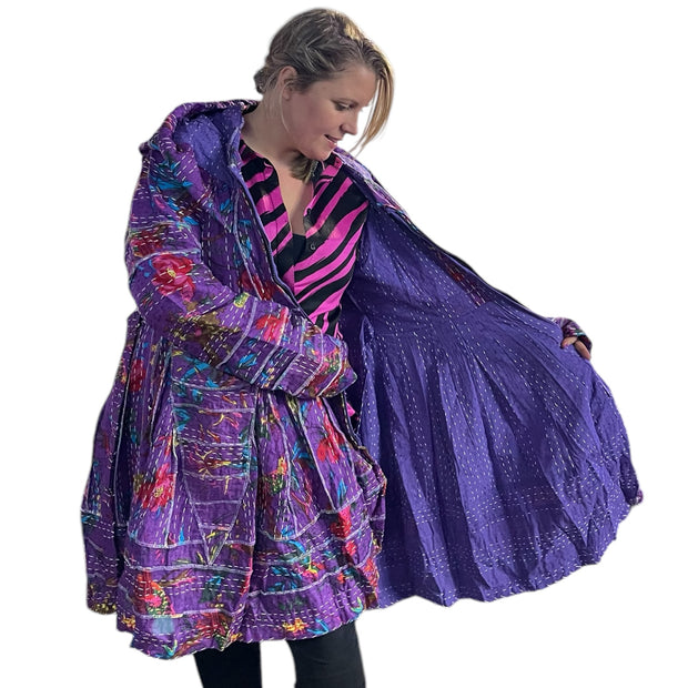 Beautiful Purple Floral Cotton Kantha Pixie / Fairy Pagan Reversable Coat