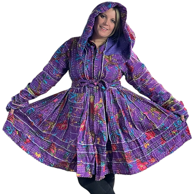 Beautiful Purple Floral Cotton Kantha Pixie / Fairy Pagan Reversable Coat