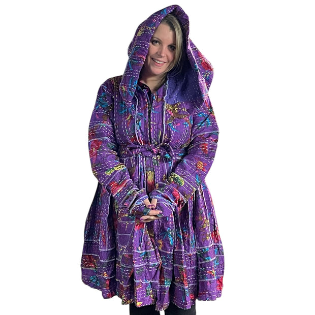 Beautiful Purple Floral Cotton Kantha Pixie / Fairy Pagan Reversable Coat