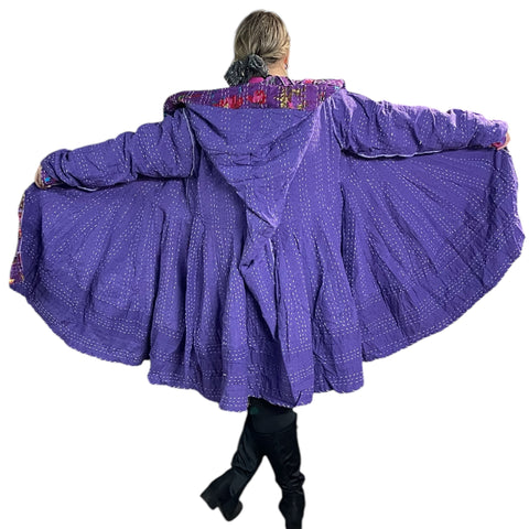 Beautiful Purple Floral Cotton Kantha Pixie / Fairy Pagan Reversable Coat