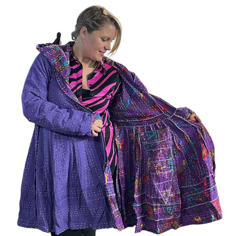 Beautiful Purple Floral Cotton Kantha Pixie / Fairy Pagan Reversable Coat