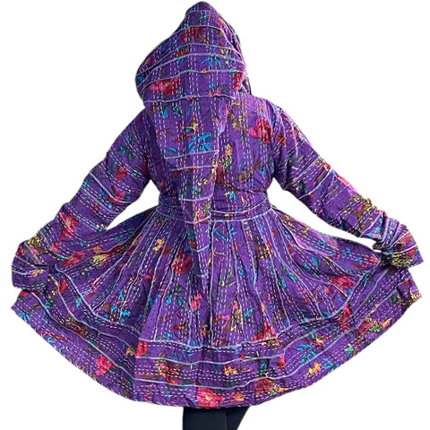 Beautiful Purple Floral Cotton Kantha Pixie / Fairy Pagan Reversable Coat