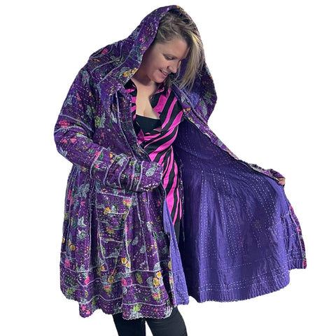 Pretty Purple Floral Cotton Kantha Pixie / Fairy Pagan Reversable Coat