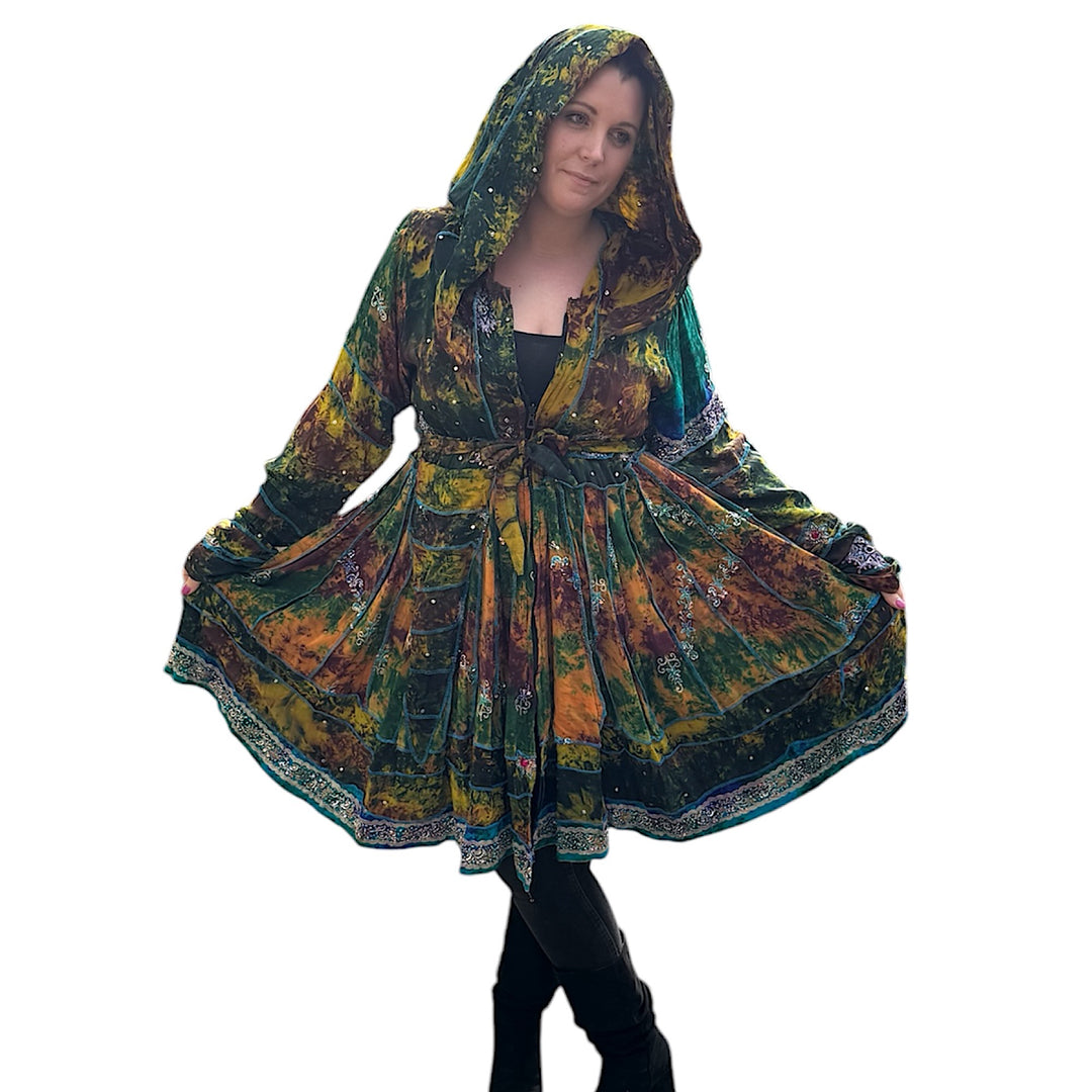 Green Vintage Tie Dye Sari Silk Pixie / Fairy Pagan Reversible Coat -   Shooting Star Cornwall